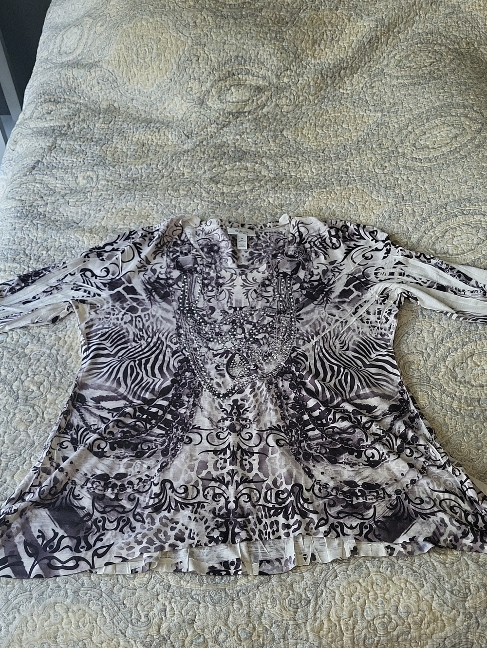 Style & Co. Black and White Embellished Animal-Print Tunic